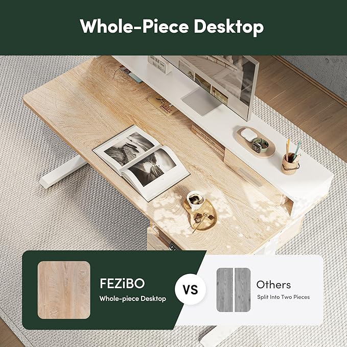 FEZIBO Standing Desk with Wood Drawers, 48" x 24" Electric Height Adjustable Table with Monitor Shelf, 3 Drawers and Open Storage, Computer Home Office Sit and Stand up Workstation, Maple