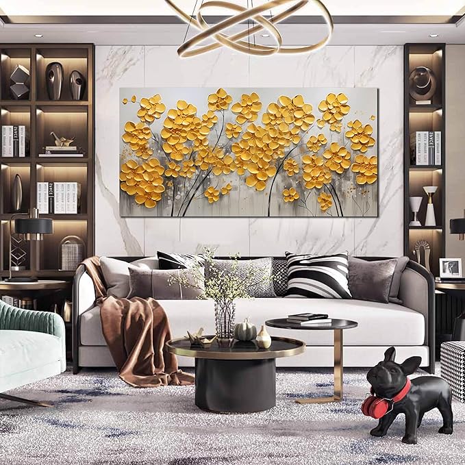 SKYRISE Abstract Gold Yellow Floral/Flower Wall Art Decor for Living Room, Modern Canvas Art Decorative-Picture Print Artwork for Bedroom Office, Large Size 59x29 Inches