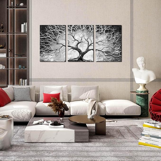 Tree Wall Pictures for Living Room - Black and White Wall Art for Office Decor - Modern 3 Piece Wall Art for Bedroom Size 24" x 36"