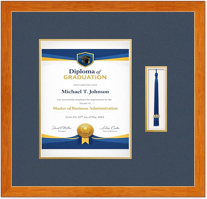 Diploma Frame with Tassel Holder Honey Oak Shadowbox Navy Blue Over Gold Mat - Fits 8.5 x 11 Degree Made in the USA