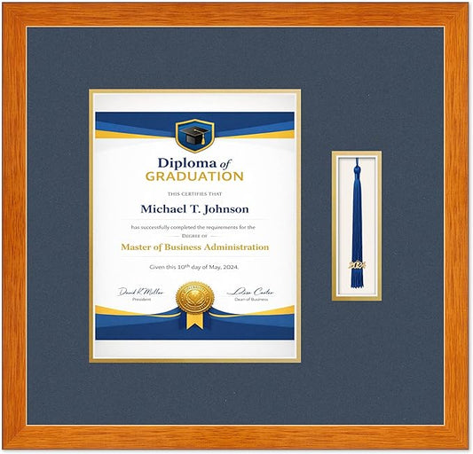 Diploma Frame with Tassel Holder Honey Oak Shadowbox Navy Blue Over Gold Mat - Fits 8.5 x 11 Degree Made in the USA