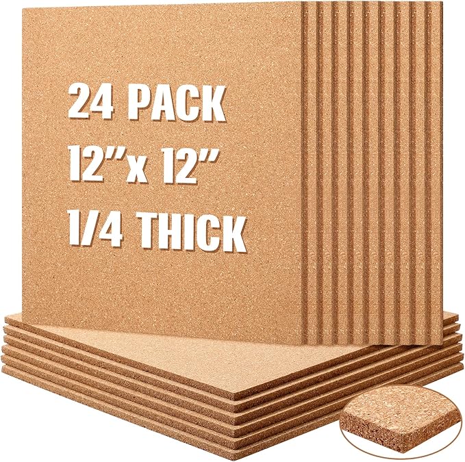 Crtiin 24 Pcs Square Cork Board Tiles 12"x12" 1/4" Thick Bulletin Boards Natural Cork Sheets with Self Adhesive Backing Brown Corkboards for Wall School Office Home DIY Supplies