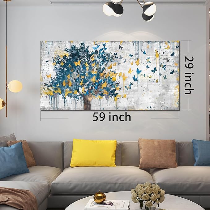 Kepgonegu Large Canvas Wall Art Blue Tree Golden Butterflies Picture Abstract Grey Graffiti Canvas Prints Ready to Hang for Living Room Bedroom Size 30x60