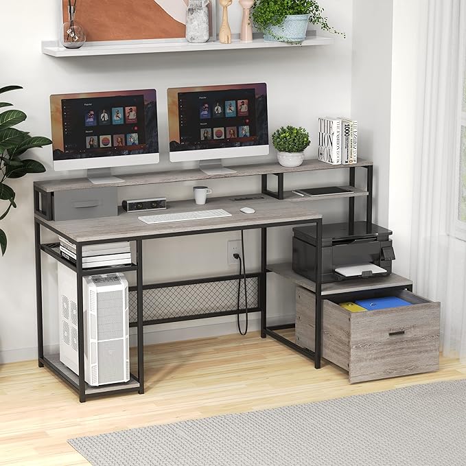 Home Office Desks with Drawers, 66'' Computer Desk with Storage, Office Desk with Monitor Stand, Work Desk with Outlets and USB, Gaming Table Desk with File Cabinet for Home Office Table, Grey