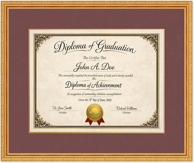 Diploma Frame Museum Gold With Dark Red Over Gold Double Mat - Fits 17 x 13 International Diploma Wall Display Made in the USA