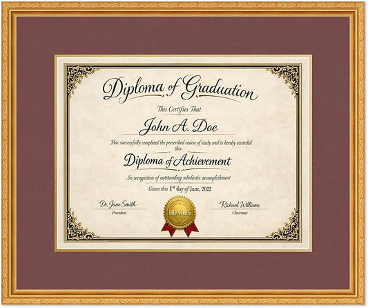 Diploma Frame Museum Gold With Dark Red Over Gold Double Mat - Fits 17 x 13 International Diploma Wall Display Made in the USA