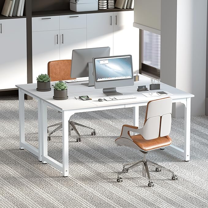 NSdirect Large Office Desk for Home Office, Large 63” Computer Desk Table, Wide Writing Study Desk for 2 Person, Metal Sturdy Frame Thicker Steel Legs,Warm White