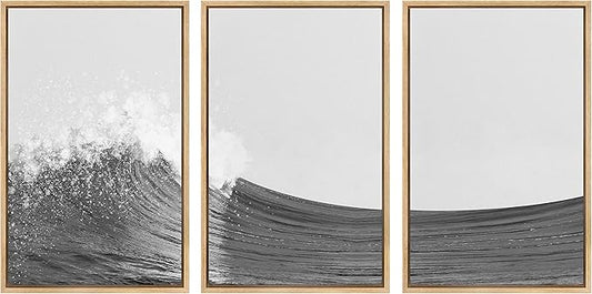 SIGNWIN 3 Piece Framed Canvas Wall Art Black and White Ocean Waves Nature Wilderness Illustrations Abstract Traditional Relax/Calm Home Artwork Decoration for Living Room,Bedroom - 16"x24"x3 Natural