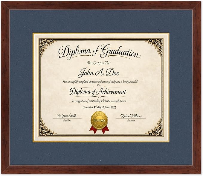 Diploma Frame Rustic Walnut with Navy Blue Over Gold Double Mat - Fits 15 x 12 Military/Government Wall Display Made in the USA