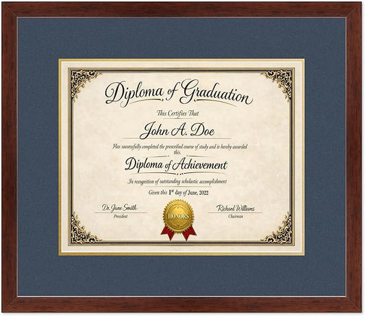 Diploma Frame Rustic Walnut with Navy Blue Over Gold Double Mat - Fits 15 x 12 Military/Government Wall Display Made in the USA