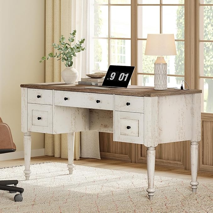WAMAPT Farmhouse Executive Desk with 5 Drawers, Home Office Desk with Charging Station, Wood Computer Desk with File Cabinet Storage, Door, Open Shelf for Work and Study, Rustic White, 55 inch