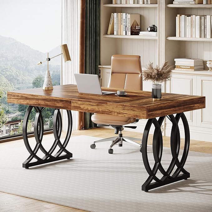 Tribesigns 63-Inch Executive Desk, Modern Office Computer Desk with Stylish Gold Legs, Rectangular Workstation for Home Office, Small Conference Table for Meeting Room (Brown & Black)