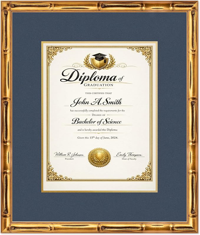 CountryArtHouse Diploma Frame Fits 10 x 13 College Diploma (Portrait Traditional) - Keepsake Graduation D Gold Bamboo Genuine Hardwood with Navy Blue Over Metallic Gold Double mat