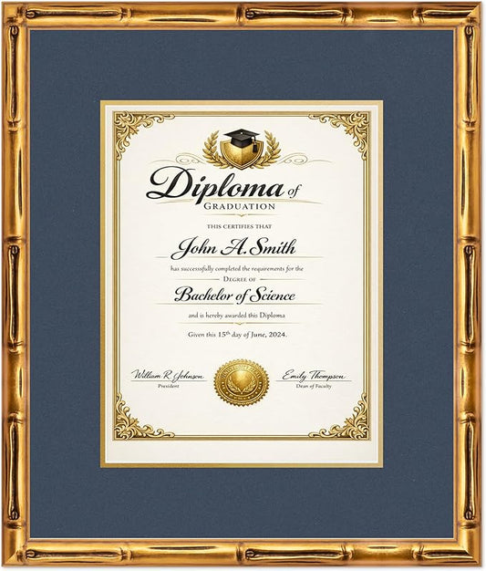 CountryArtHouse Diploma Frame Fits 10 x 13 College Diploma (Portrait Traditional) - Keepsake Graduation D Gold Bamboo Genuine Hardwood with Navy Blue Over Metallic Gold Double mat