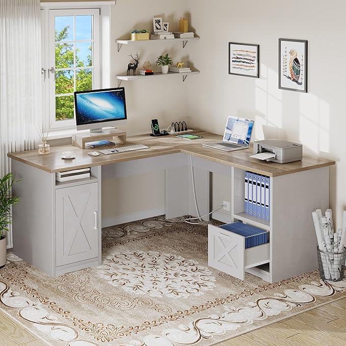 DWVO L Shaped Desk with File Drawer, 60" Corner Computer Desk with Power Outlets, Home Office Desk with Monitor Stand & Storage Shelves & File Cabinet, Grey Wash