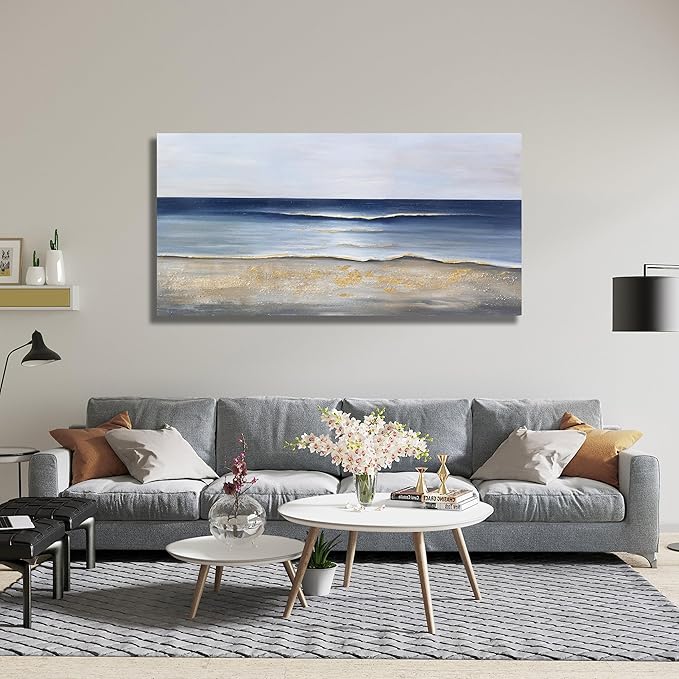 Yuaxker Ocean Wall Art Blue and Gold Modern Minimalist Wall Decor Sea Wave and Beaches Canvas Painting for Living Room Bedroom Dinning Room Home Office Home Decor 24x48 inch