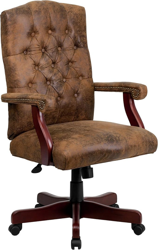 Flash Furniture Derrick Traditional Microfiber Tufted Swivel Office Chair with Wood Base, Ergonomic Farmhouse High-Back Desk Chair, Bomber Brown