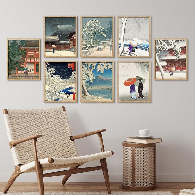 SIGNWIN Framed Poster Wall Art Set of Two Women in The Rain, Two Women in The Snow, Walking by a Temple on a Snowy Day for Living Room, Bedroom, Office - 8"x10"x 8 Natural