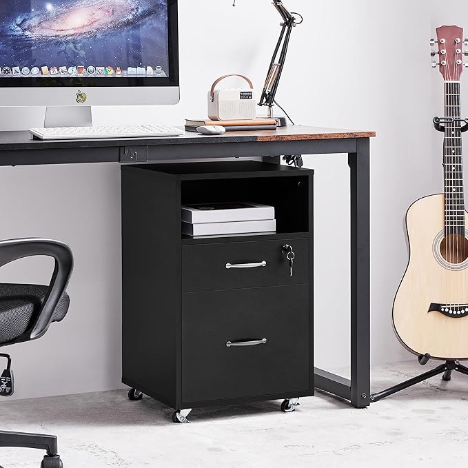Topeakmart File Cabinet Movable Vertical Filing Cabinet with 2-Drawer and 1-Open Shelf Mobile Letter File Storage Oragnizer Lateral File Srorage on Wheels, for A4/ Legal/Letter Black