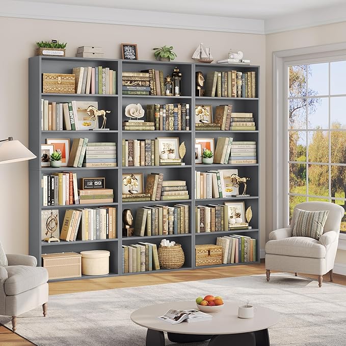 FOTOSOK 6-Tier Open Bookcase and Bookshelf, Freestanding Display Storage Shelves Tall Bookcase for Bedroom, Living Room and Office, Dark Gray
