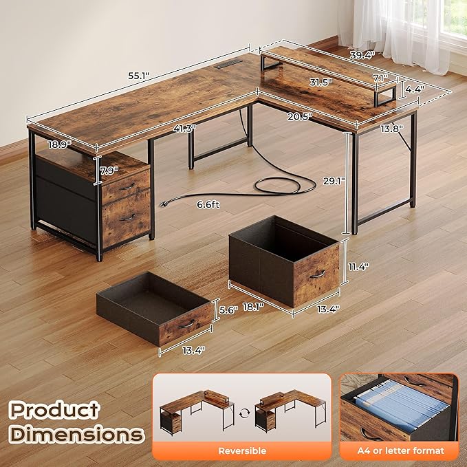 PRAISUN 55 Inch L Shaped Desk with Power Outlets and USB-C Port, Computer Corner Home Office Desk with File Fabric Drawers and Movable Monitor Stand, Larger Storage for Gaming, Study, Rustic Brown
