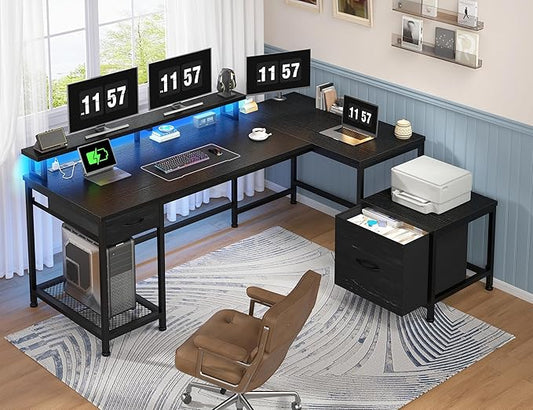95.6'' Office Desk with LED Lights & Power Outlets, L Shaped Gaming Desk with Drawers, Two Person Computer Desks with Monitor Stand for Home Office, Study Room and Bedroom, Black