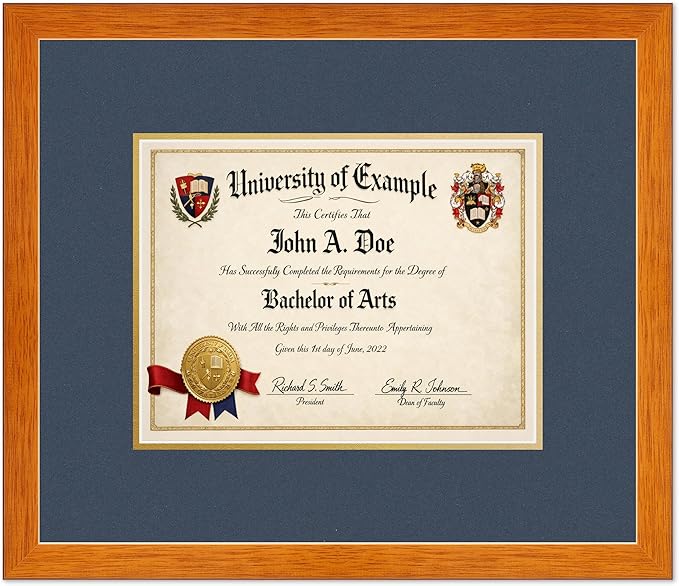 CountryArtHouse Diploma Frame Fits 11 x 8.5 US Letter Certificate - Keepsake Graduation Display Honey Oak Genuine Hardwood with Navy Blue Over Metallic Gold Double mat
