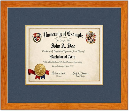 CountryArtHouse Diploma Frame Fits 11 x 8.5 US Letter Certificate - Keepsake Graduation Display Honey Oak Genuine Hardwood with Navy Blue Over Metallic Gold Double mat