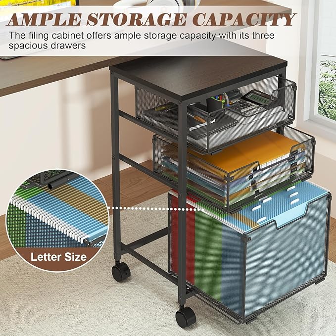 Rolling File Cart with 3 Drawers, Metal Mobile Filing Cabinet for Home Office, Hanging Folder Holder with Printer Stand, Utility Cart Under Desk Storage Organizer with Wheels, Black