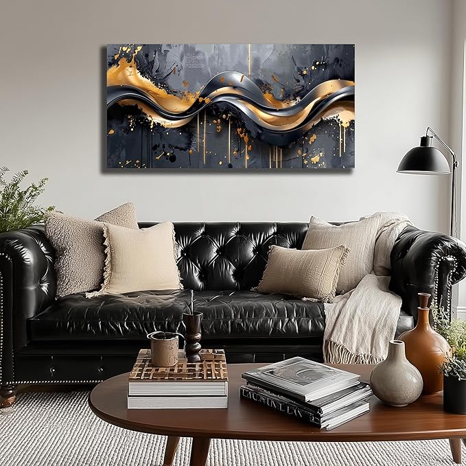 AOZEMI Abstract Wall Art Black Canvas Art Gold Wall Decor Paintings Artwork Print Pictures for Bedroom Living Room 20"x40"
