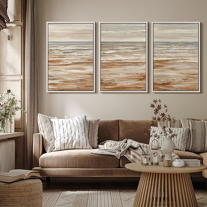 MUDECOR Framed Wall Art Print Set Neutral Coastal Seascape Minimalist Ocean Waves and Sandy Shore Illustrations Modern Art Boho Decorative for Living Room, Bedroom, Office - 16"x24"x3 WHITE