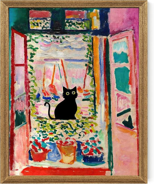 Fantasy Artists Henri Matisse Cat Wall Art, Framed Open Window Black Cat Canvas Poster Prints, Abstract Aesthetic Wall Decors for Living Room, Oil Paintings for Room Bathroom Decorations 8" X 10"
