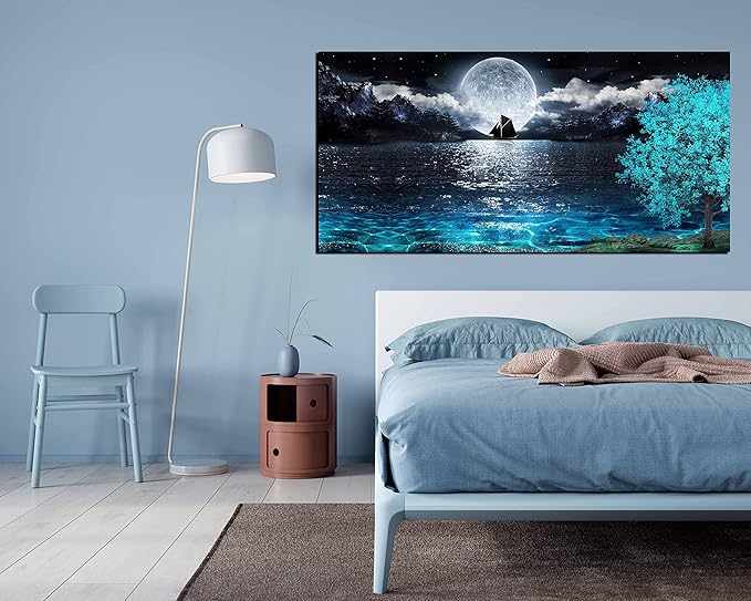 aburaeart Moon Sea Ocean Large Canvas Wall-Art For Living Room - Blue Tree Wall Decor - Large Artwork On Canvas Print Ready To Hang 29" x 59"