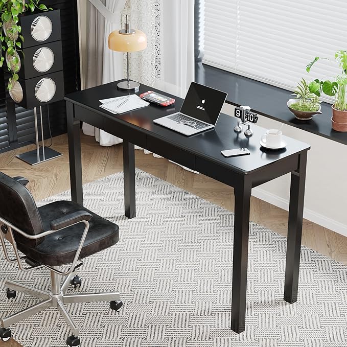 100% Solid Wooden Desk with Drawers - 47 x 16 Inch Modern Narrow Desks, Rubber Wood Study Table, Small Writing Desk for Small Spaces|Bedroom - Black Desks