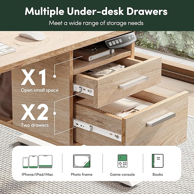 FEZIBO Standing Desk with Wood Drawers, 48" x 24" Electric Height Adjustable Table with Monitor Shelf, 3 Drawers and Open Storage, Computer Home Office Sit and Stand up Workstation, Maple