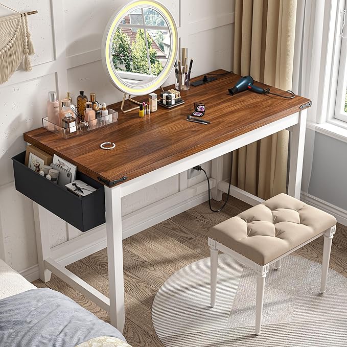 EnHomee 40 Inch Small Desk with Storage Bag Detachable, Gaming Desk with Power Outlet, Modern Simple Home Office Desk and Writing Desk for Small Spaces, Study Desk for Bedroom, Brown & White