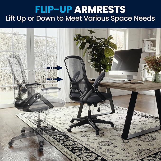 Flash Furniture Porter High-Back Swivel Office Chair with Adjustable Lumbar Support and Seat Height, Ergonomic Mesh Desk Chair with Flip-Up Armrests, Black