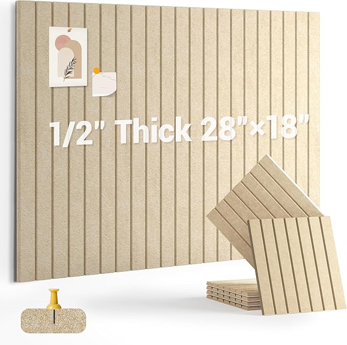 1/2" Thick Cork Board for Office, 6 Pack Felt Wall Tiles -28"x18" with Safe Adhesive Tabs, Large Bulletin Board, Push Pin Board Organizer Wall - Tan