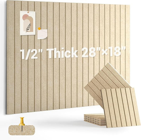 1/2" Thick Cork Board for Office, 6 Pack Felt Wall Tiles -28"x18" with Safe Adhesive Tabs, Large Bulletin Board, Push Pin Board Organizer Wall - Tan