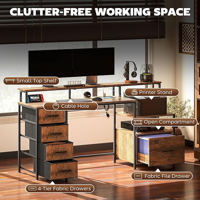 HOMCOM 67" Gaming Desk with File Cabinet and Fabric Drawers, Computer Table with Power Outlets and LED Lights, Monitor Stand and Printer Shelf, for Home Office Desk, Rustic Brown