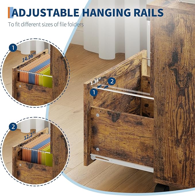 3-Drawer Rolling File Cabinet with Lock - Wooden Mobile Filing Cabinet for Home Office, Under Desk Storage Organizer fits Letter/A4/Legal Size, Sturdy Printer Stand with Locking Casters, Rustic Brown