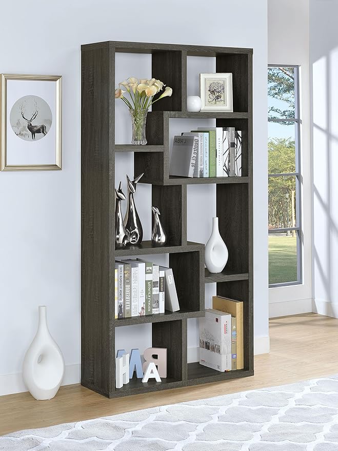 Coaster Home Furnishings - Theo - Engineered Wood with Paper Lamination - 6-Shelf Bookshelf with Geometric Design - Transitional - Home Office and Living Room - 71-Inch - Weathered Gray - 800510