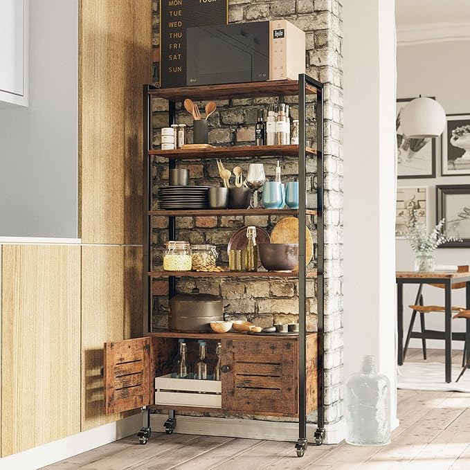 IRONCK Bookshelf and Bookcase with Two Louvered Doors and Four Shelves, 27.6" Wide Standing Storage Cabinet for Living Room, Home Office, Bedroom, Washroom, Vintage Brown