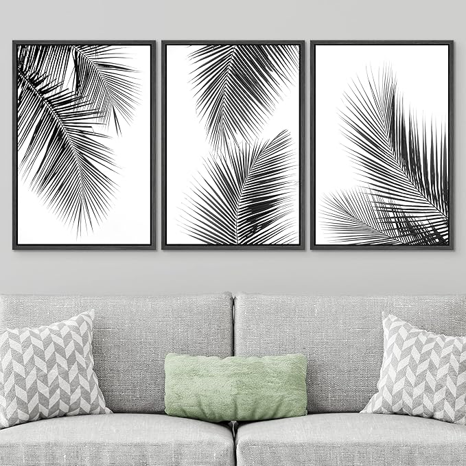 SIGNWIN 3 Piece Framed Canvas Wall Art Black and White Tropical Leaves Canvas Prints Home Artwork Decoration for Living Room,Bedroom - 16"x24"x3 Black