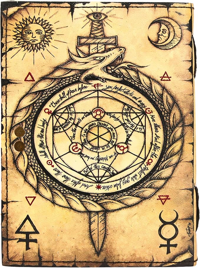 TUZECH Book of Spells Leather Bound Journal Deckle Edge Paper Grimoire Printed Diary Third Eye Notebook Spiral Gothic Notebook Antique Vintage Book for Men and Women (Ouroboros Circle Of