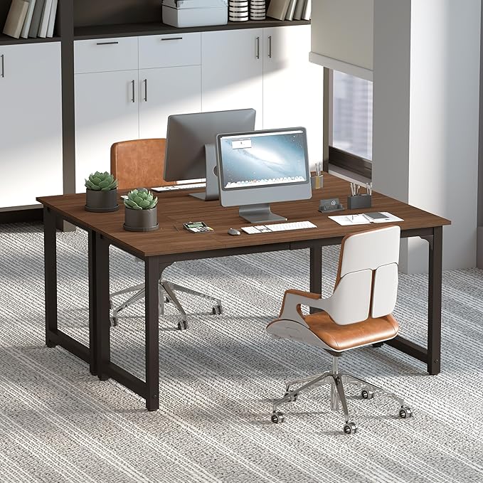 NSdirect Large Office Desk for Home Office, Large 63” Computer Desk Table, Wide Writing Study Desk for 2 Person, Metal Sturdy Frame Thicker Steel Legs, Black Chocolate