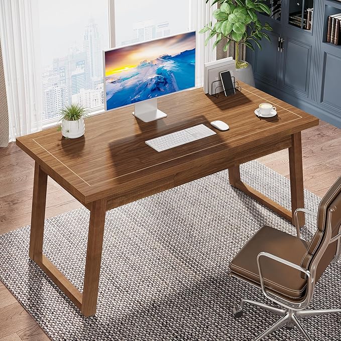 Tribesigns Home Office Executive Desk: 55 Inches Wooden Computer Desk with Drawer, Mid-Century Modern Study Writing Table, Rustic PC Laptop Desk Workstation Furniture, Walnut Brown