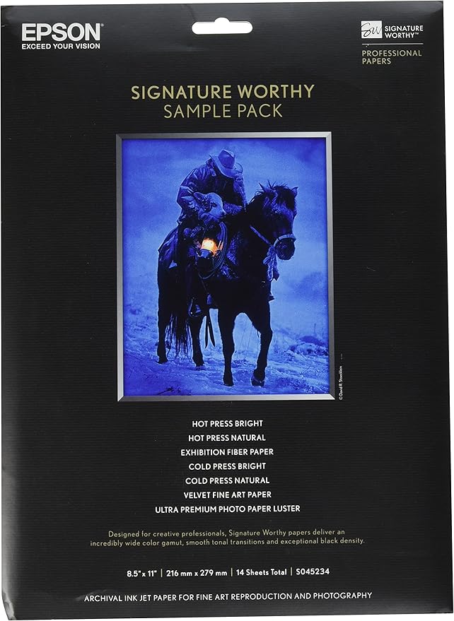 Epson Signature Worthy Paper Sample Pack, 8-1/2 x 11 Inches, Assorted Finishes, 14 Sheets/Pack (EPSS045234),White