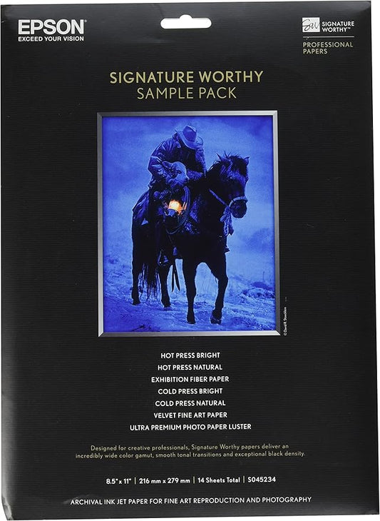 Epson Signature Worthy Paper Sample Pack, 8-1/2 x 11 Inches, Assorted Finishes, 14 Sheets/Pack (EPSS045234),White