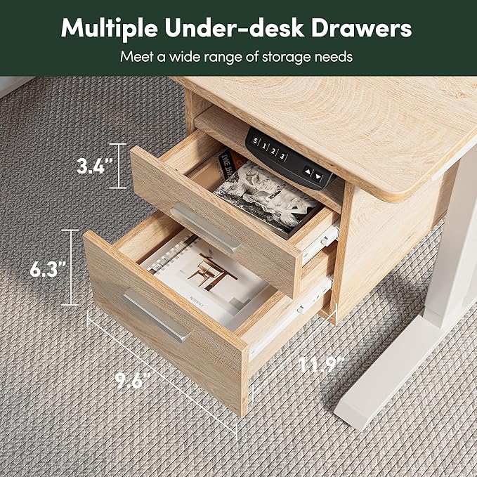 FEZIBO Standing Desk with Wood Drawers, 48" x 24" Electric Height Adjustable Table with Monitor Shelf, 3 Drawers and Open Storage, Computer Home Office Sit and Stand up Workstation, Maple